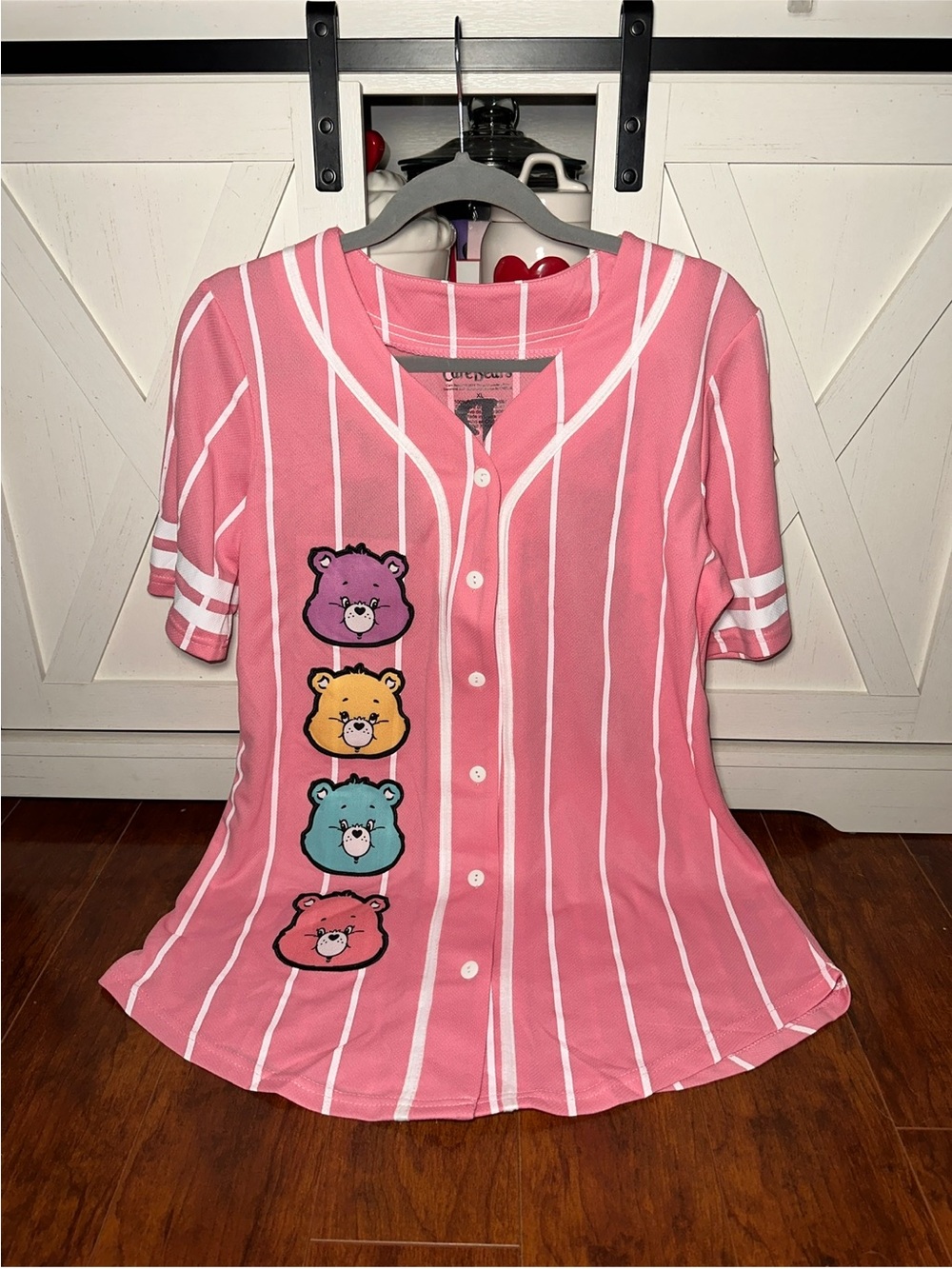 Care Bears Pink and White Striped Button-Up Jersey Top